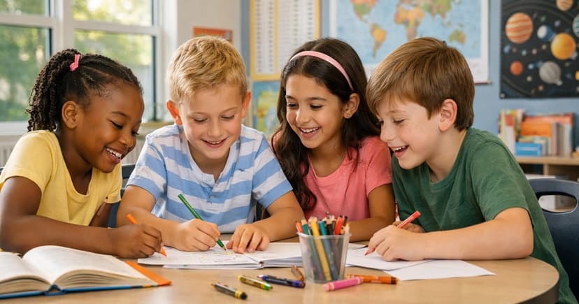 Diverse group of elementary students working together in a well-balanced classroom environment