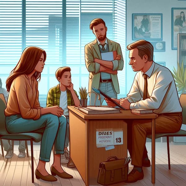 School administrator discussing class placement concerns with parent, demonstrating the importance of effective student assignment systems.