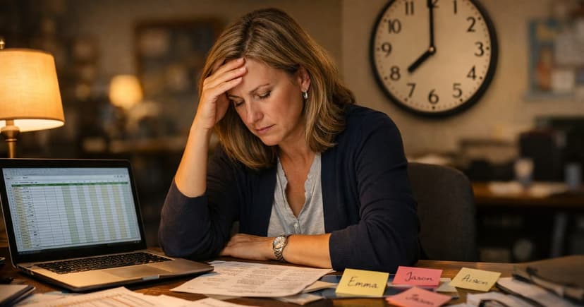 School administrator working late at a cluttered desk with class rosters and spreadsheets during stressful class placement season