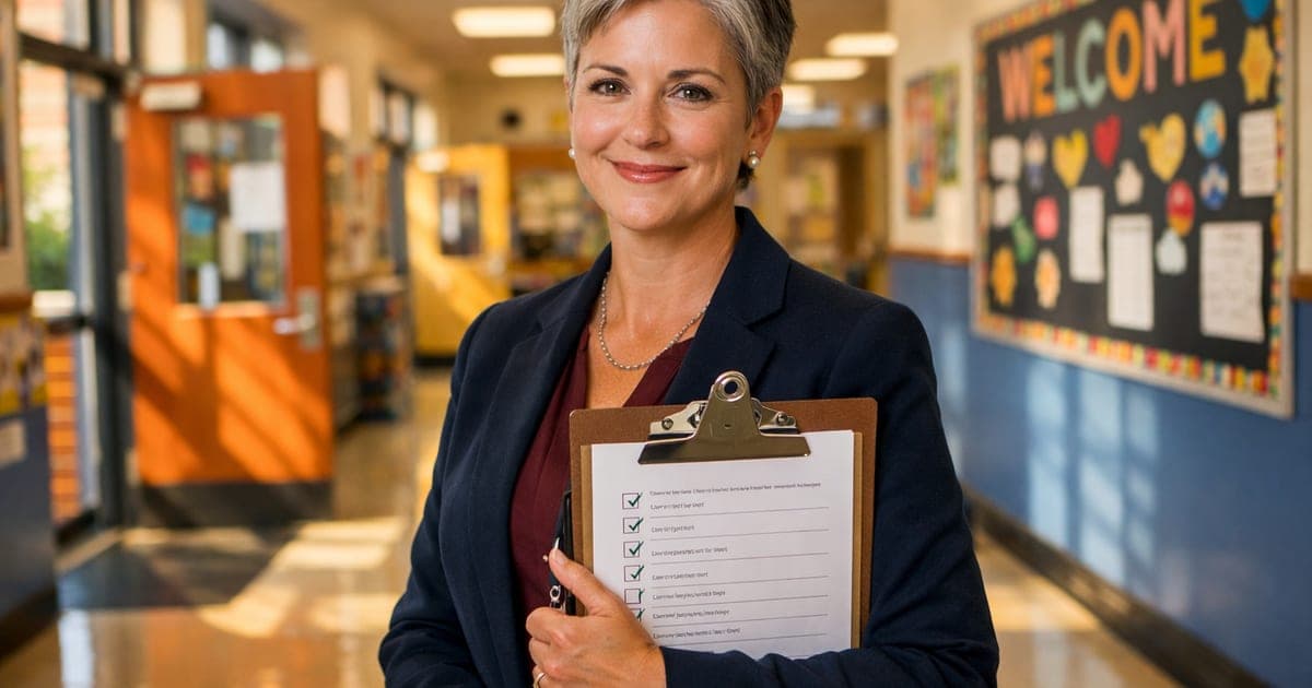 Principal reviewing comprehensive school year preparation checklist with planning documents and organizational materials