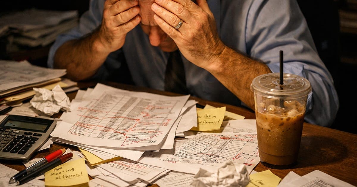 School administrator surrounded by spreadsheets and sticky notes during stressful manual class list creation process