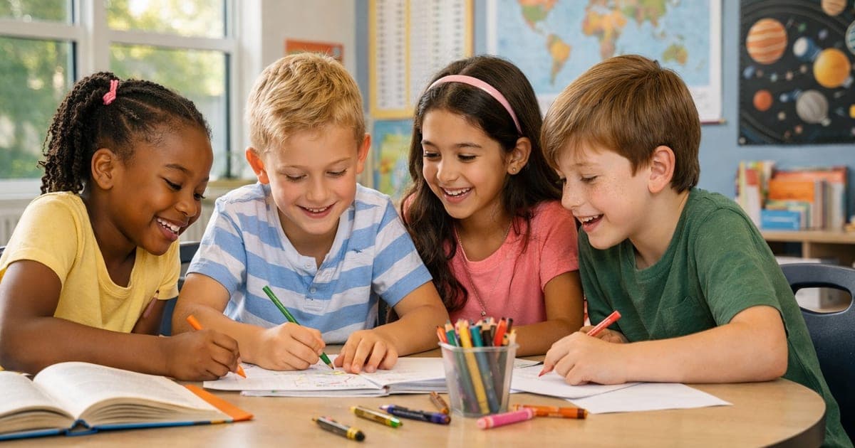 Diverse group of elementary students working together in a well-balanced classroom environment