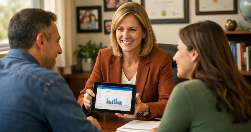 School administrator meeting with parents to discuss class placement requests in a professional and collaborative setting