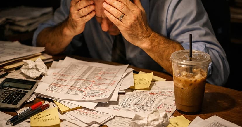 School administrator surrounded by spreadsheets and sticky notes during stressful manual class list creation process